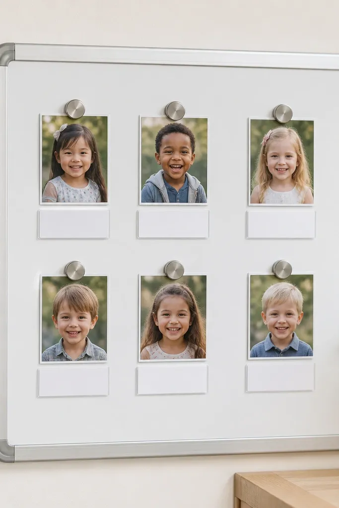A small whiteboard or magnetic board with laminated photo labels and magnet clips holding photos. The photos are small and each has a name/date label typed in black and laminated for durability.