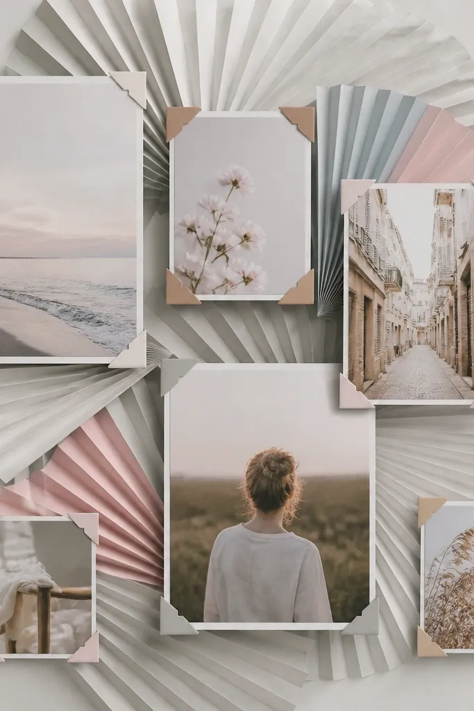 A collage with a fan-fold paper backing behind photos, creating a subtle wave texture. Photos are attached with corners, and the backing is in light gray with a few pastel accents.