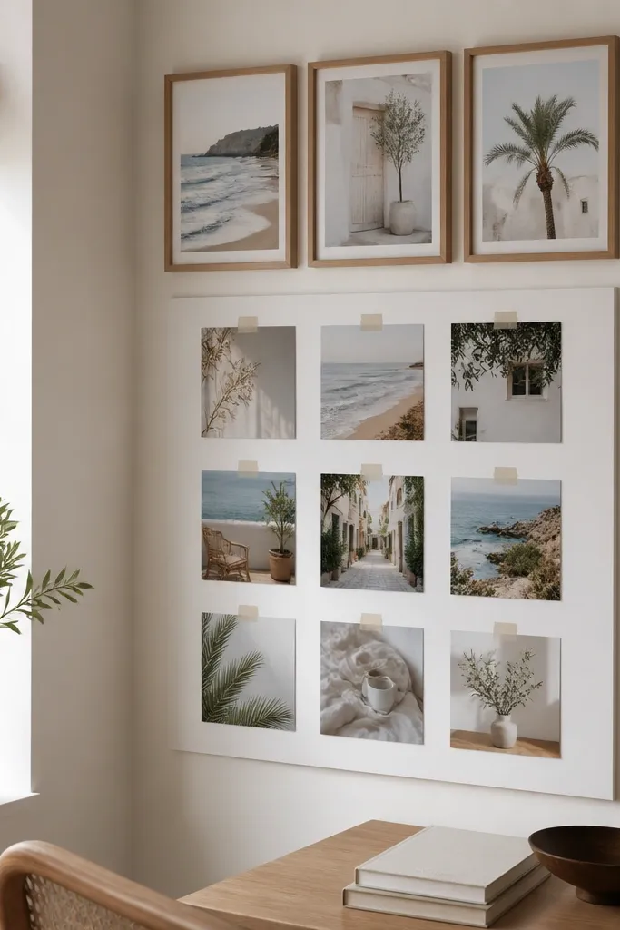 A corner wall collage: three frames in matching color sit at the top, and below them are nine photo squares taped neatly to a backing board. The backing board is white and the spacing is even.