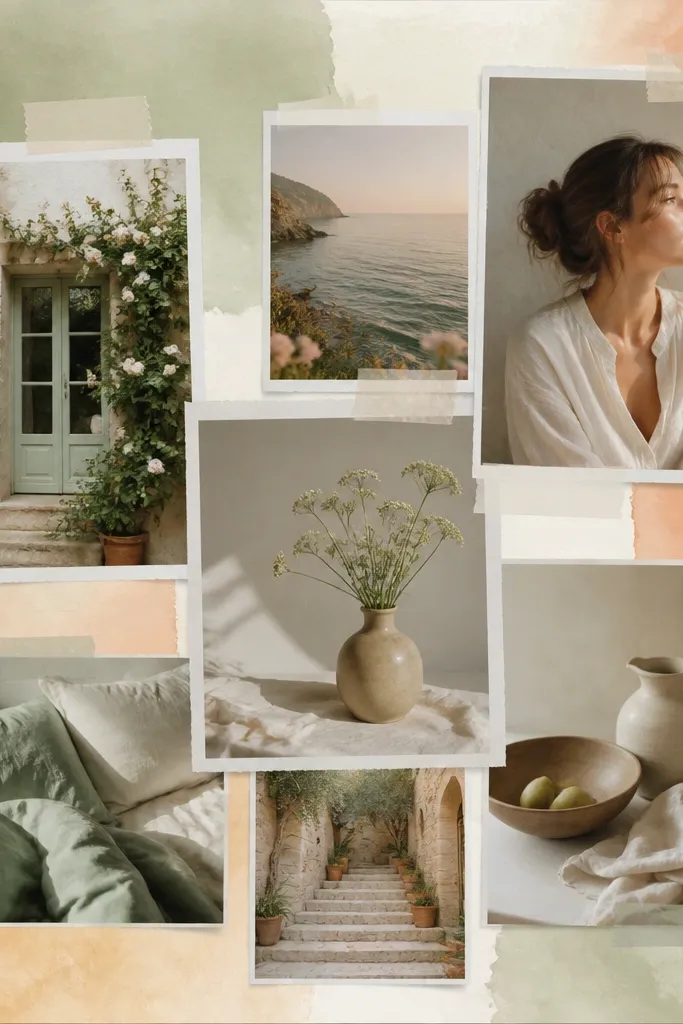 A collage board painted with a soft watercolor wash in light sage and peach. Photos are layered on top with semi-transparent tape or thin paper borders, creating a gentle overlapping effect.