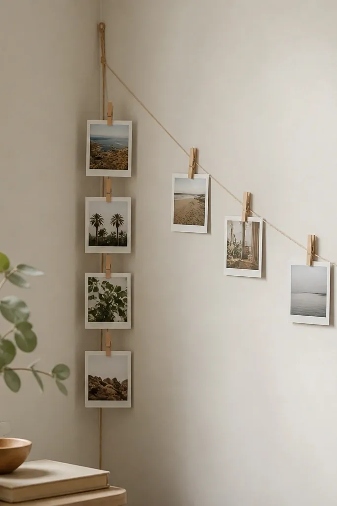 A string loop arrangement in the corner of a room with a vertical line and a diagonal line, holding mini photos with tiny cloth clips. The string is beige, and the clips are natural wood.