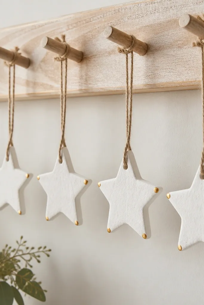 A row of small five-point salt dough stars painted matte white, each with tiny gold paint dots only at the outer corners. They hang from thin twine on a light wood rack.