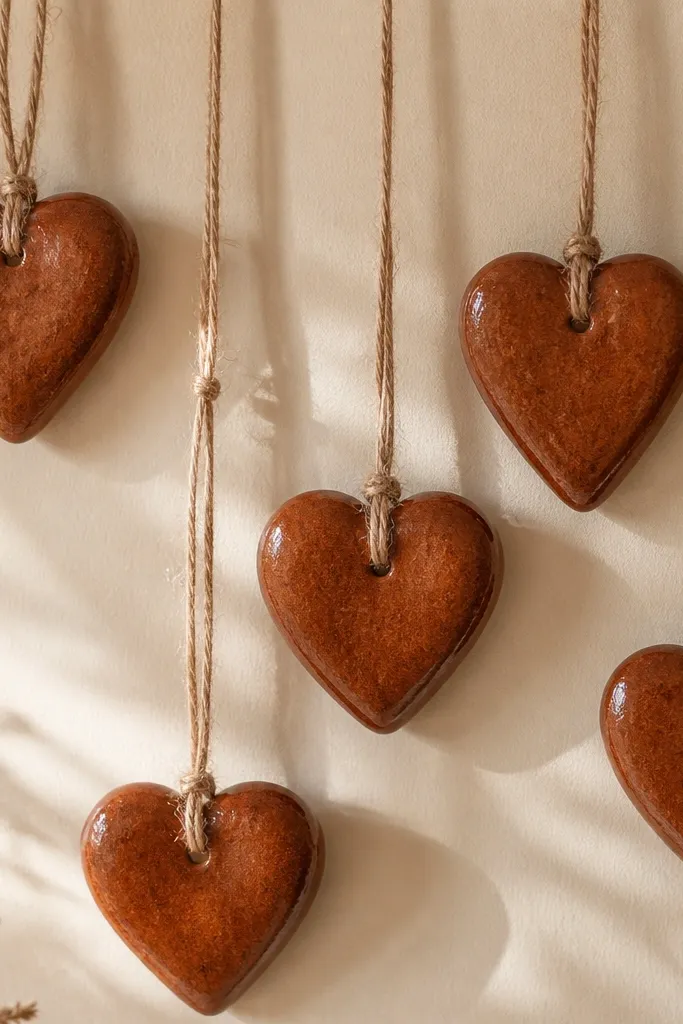 Heart-shaped salt dough ornaments coated in a warm cinnamon-brown glaze with a slightly glossy finish. Each one is tied with rustic twine and hangs against a beige wall.