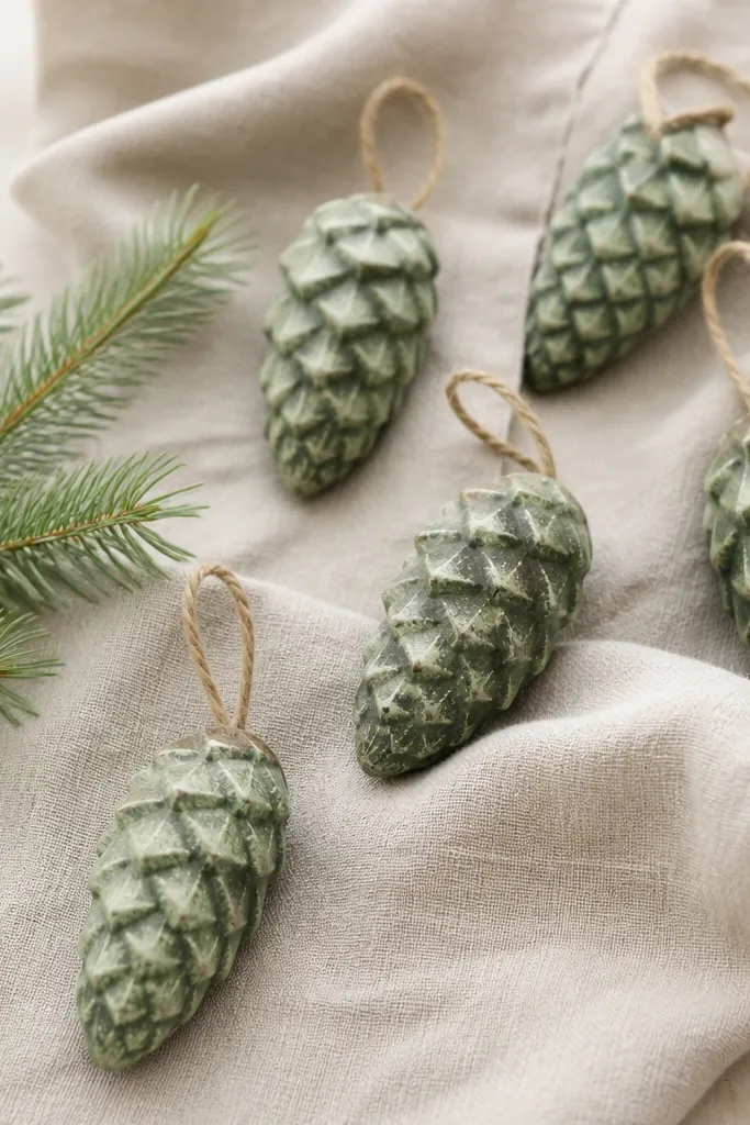 Small pinecone-shaped salt dough ornaments with deep ridges. They are painted sage green with darker green in the grooves and left lighter on the raised edges.