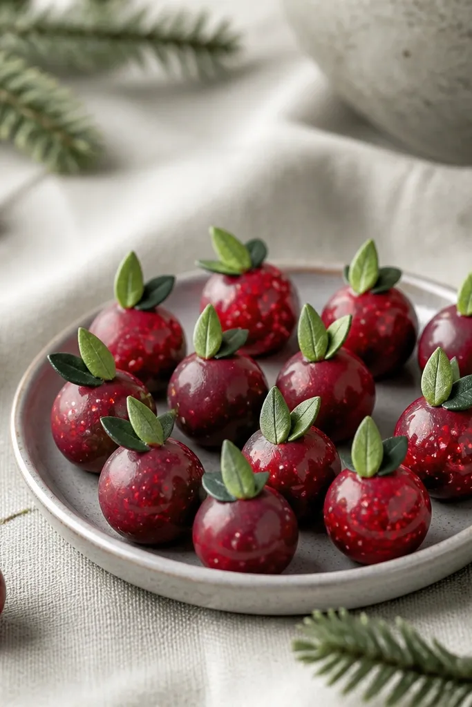 Little round berry ornaments painted deep red with tiny lighter red and white speckles scattered on the center. A small green leaf sits on top, painted in two shades.