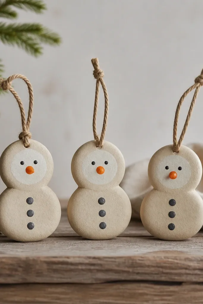Mini snowman ornaments with two stacked dough circles. They have white paint faces, charcoal gray button dots, and a simple orange carrot nose, with tiny black eyes.
