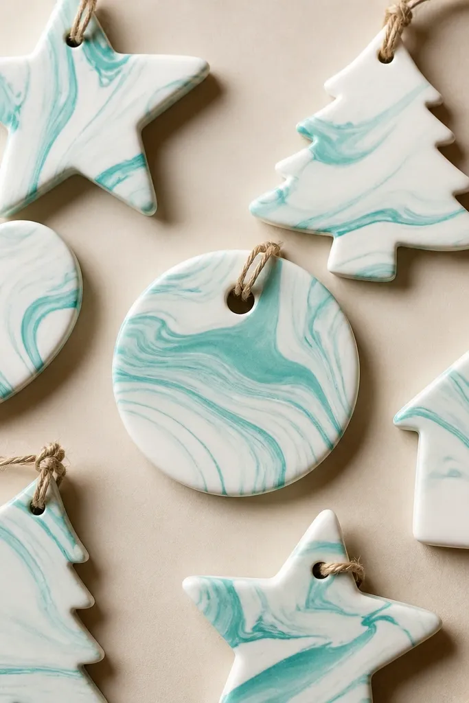 Flat salt dough ornaments with a marbled pattern: white base with teal swirls running through it. The surface looks smooth with faint marbling lines.