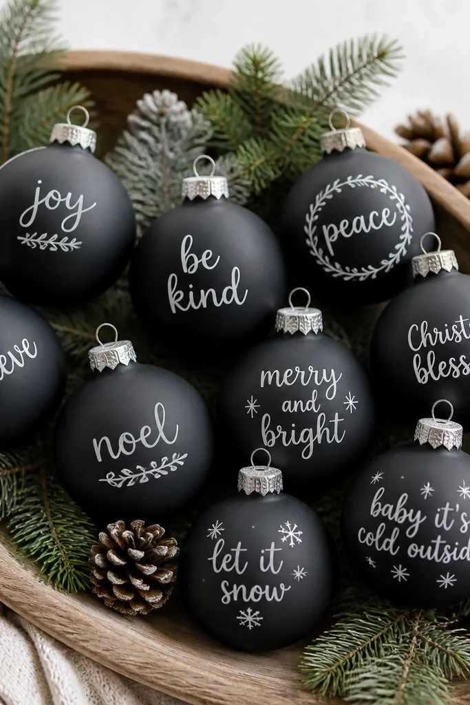 Small round ornaments painted black matte like a chalkboard. Each has a simple white word or short phrase in hand-lettering.