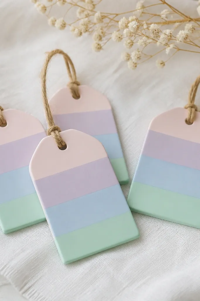 Tag-shaped ornaments with pastel bands stacked horizontally across the front: pale pink, lavender, baby blue, and mint. Each tag has a hole at the top and a twine loop.
