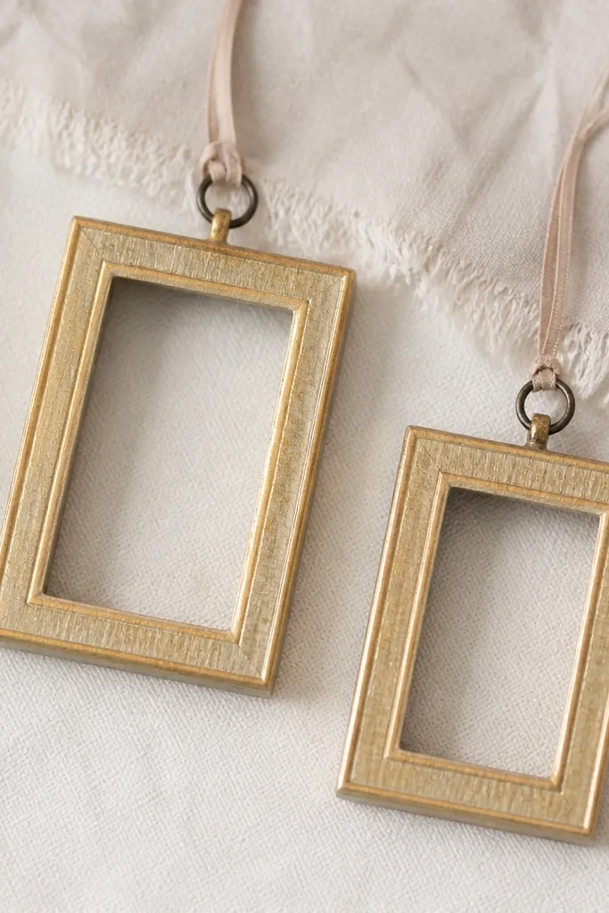 Rectangular ornaments with a carved-out center like a picture frame. They have a painted border in muted gold and a blank center area.