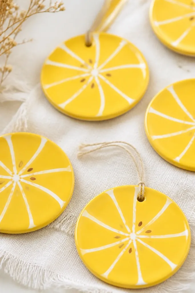 Thin circular ornaments painted sunny yellow with white curved lines like citrus pith. Some have tiny brown dot seeds painted near the center.