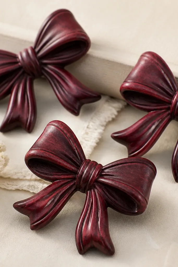 Bow-shaped ornaments with a carved knot center. They are stained burgundy with darker edges and lighter highlights on the raised bow folds.
