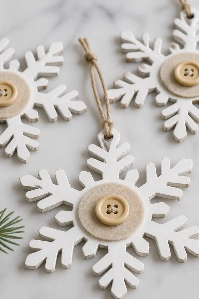 Snowflake ornaments with a white painted surface. A small felt circle sits in the center, with a single round button sewn on top.