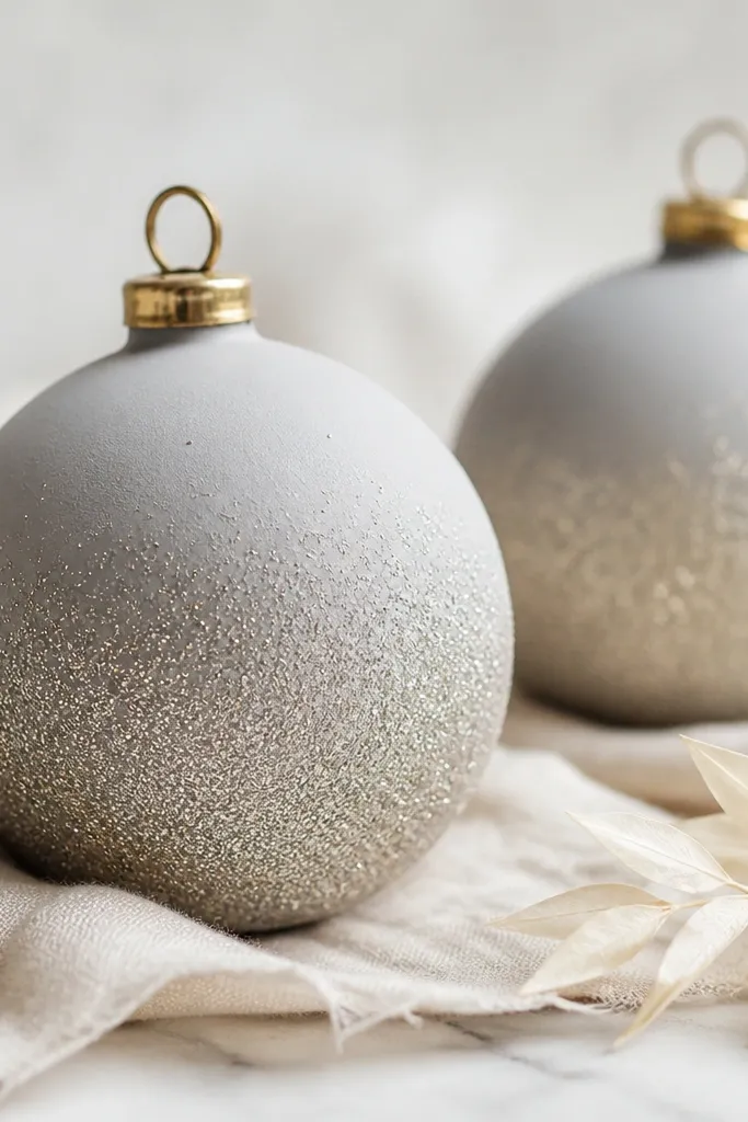 Round bauble ornaments painted matte in pale gray. Glitter is brushed on only at the bottom half, fading lighter toward the top, with a small gold cap line.