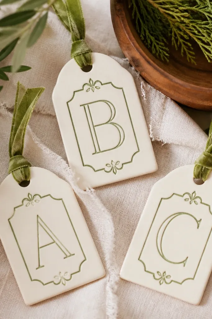 Tag-shaped ornaments painted ivory with a single-color monogram outline in dark green. The letters are hand-drawn with a fine brush.