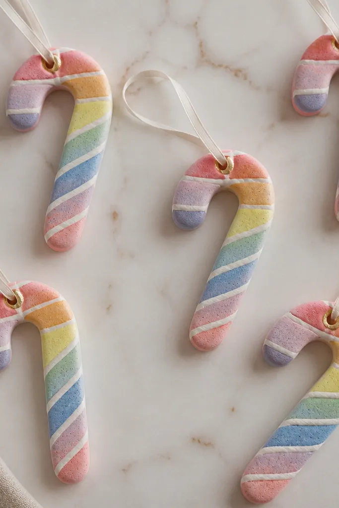 Candy cane shaped salt dough ornaments with thin rainbow stripes. A white twist line runs through the center, and the top hook has a small gold dot.