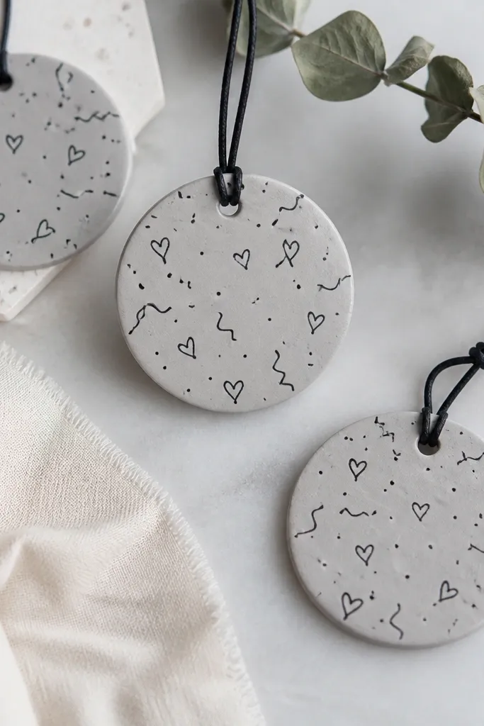 Round and tag ornaments with a light gray base and black doodle lines. There are simple shapes like dots, tiny hearts, and squiggles spread across the surface.