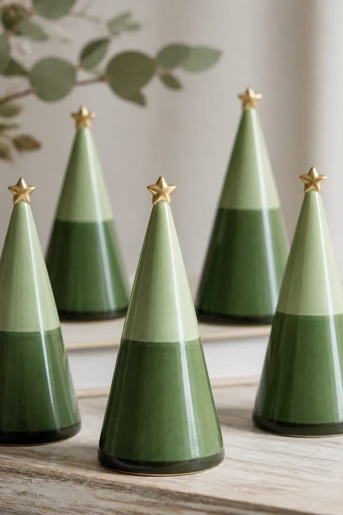 Tree-shaped ornaments painted in two tones: light green upper half and darker green bottom half. The base edge is slightly darker, and the top has a small star dot.