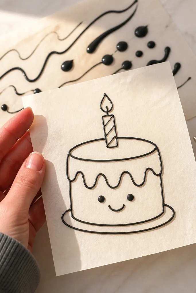 Thin black icing outline around a simple cake sketch with even stroke thickness