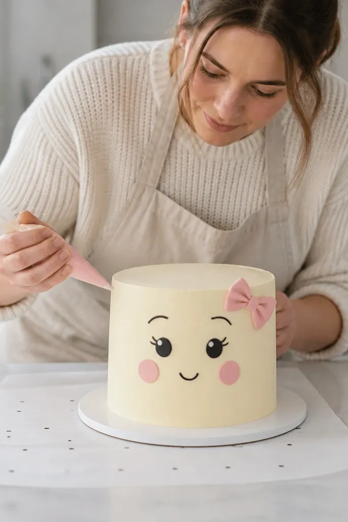 Cake drawing face with evenly spaced eyes and a centered nose outline