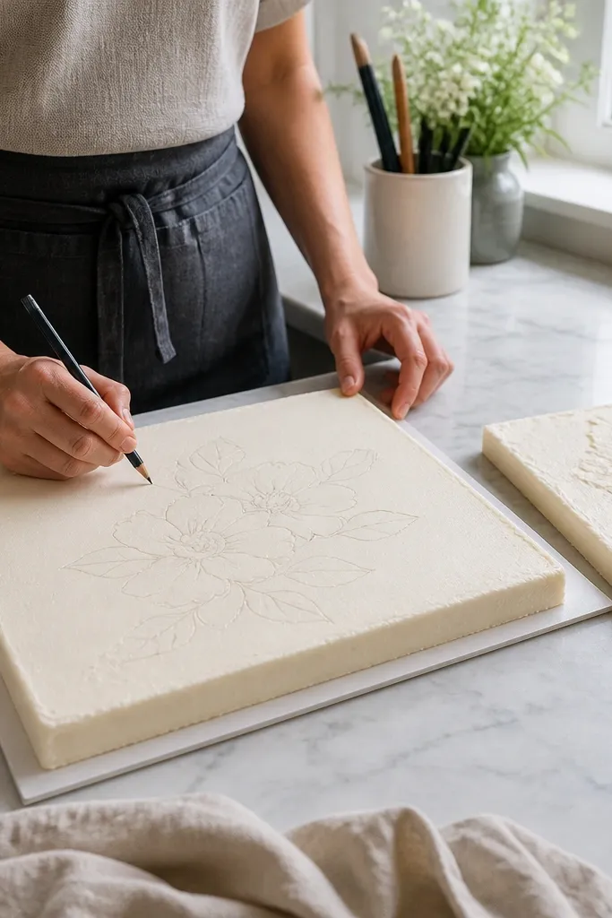 Light pencil guide marks on cake surface with final icing drawing starting on top