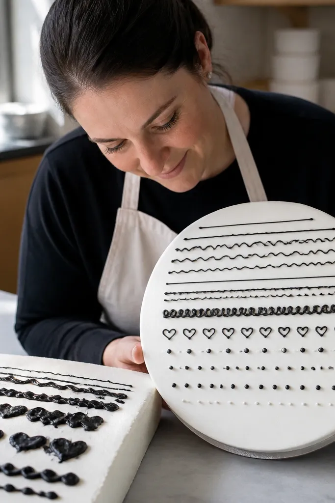 Cake drawing with small dots and short lettering-like marks that look crisp