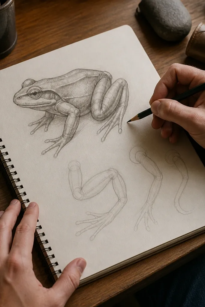 Simple frog sketch with legs blocked in as tubes, not thin outlines