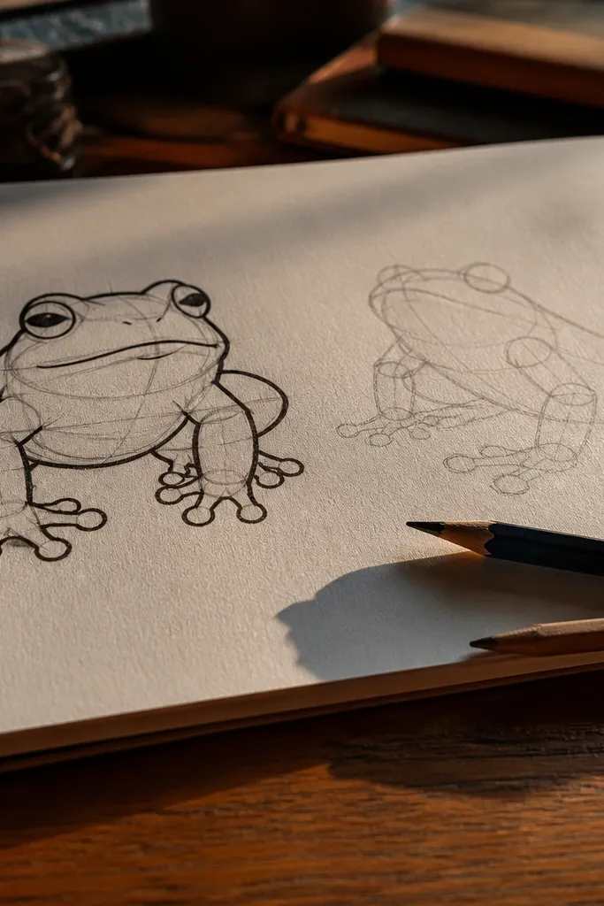 Frog sketch with light construction shapes over a final outline