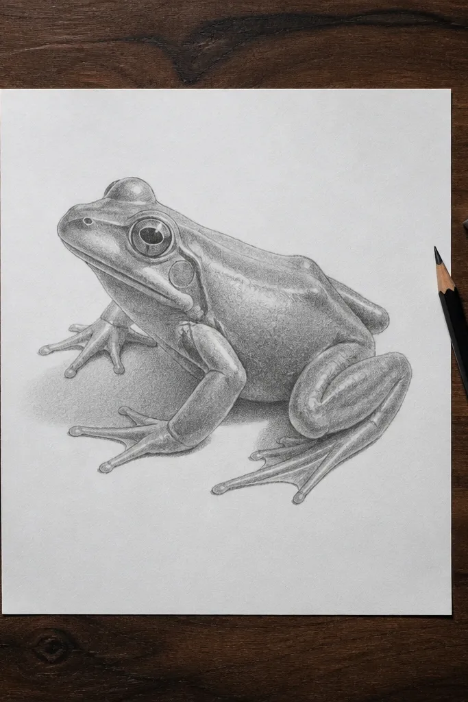 Frog sketch with clear light and dark sides on torso and legs