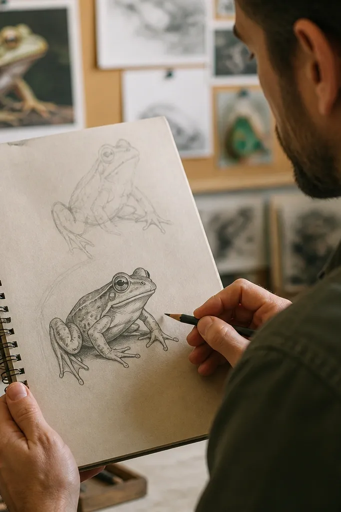 Frog sketch with consistent head-to-body ratio guide lines