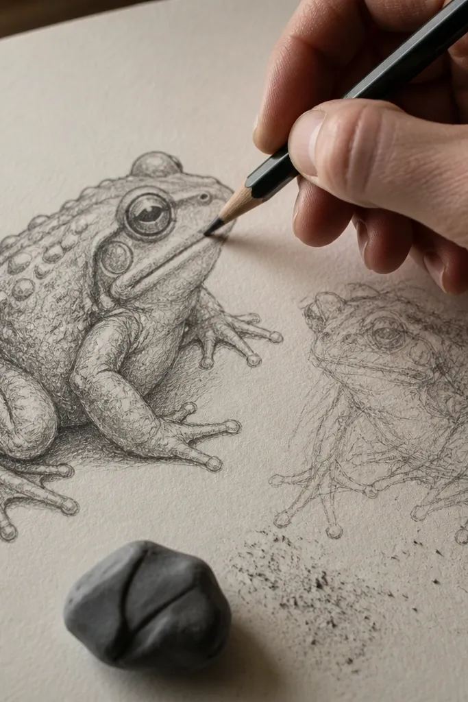 Frog sketch where texture is added after the body form is shaded