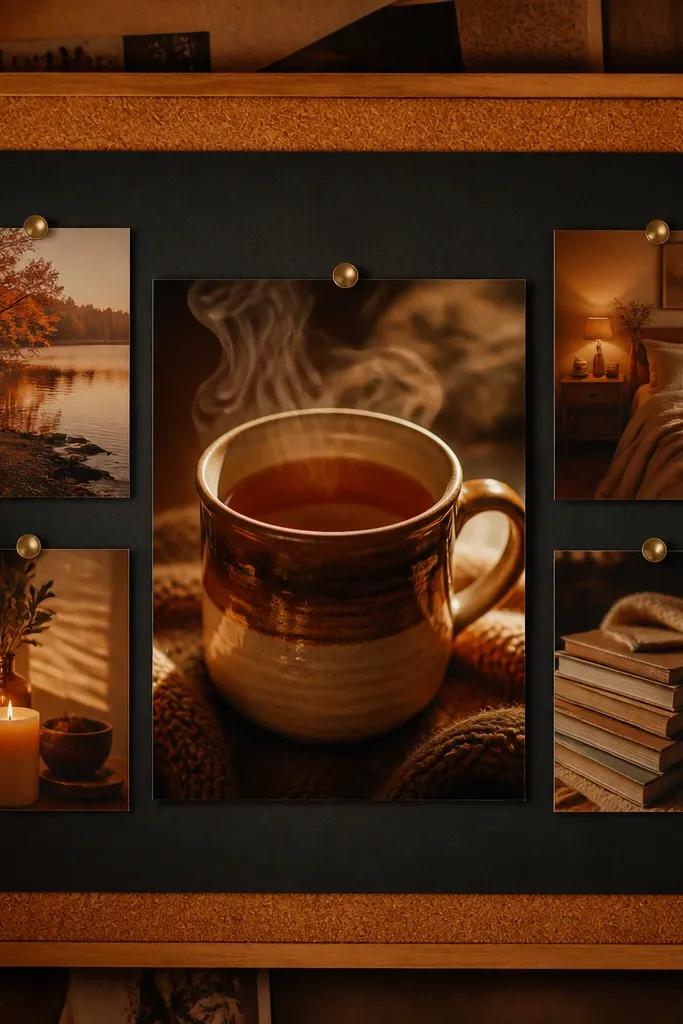 Cream grid with one hero mug, warm tea steam accents, and small handwritten quotes