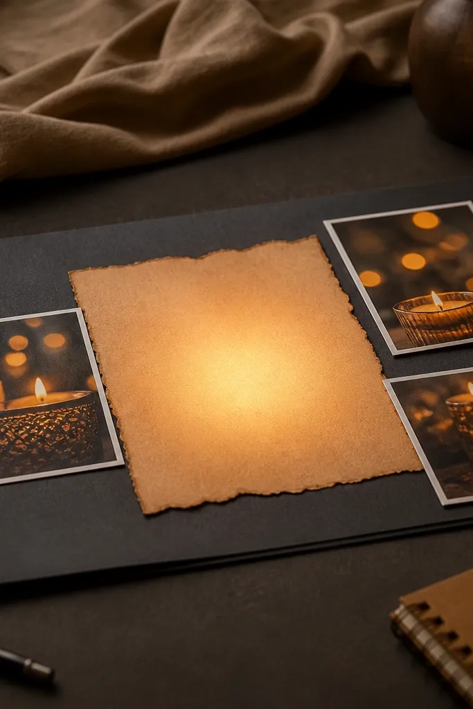 Dark charcoal base with amber candle photos and a soft gradient glow behind text
