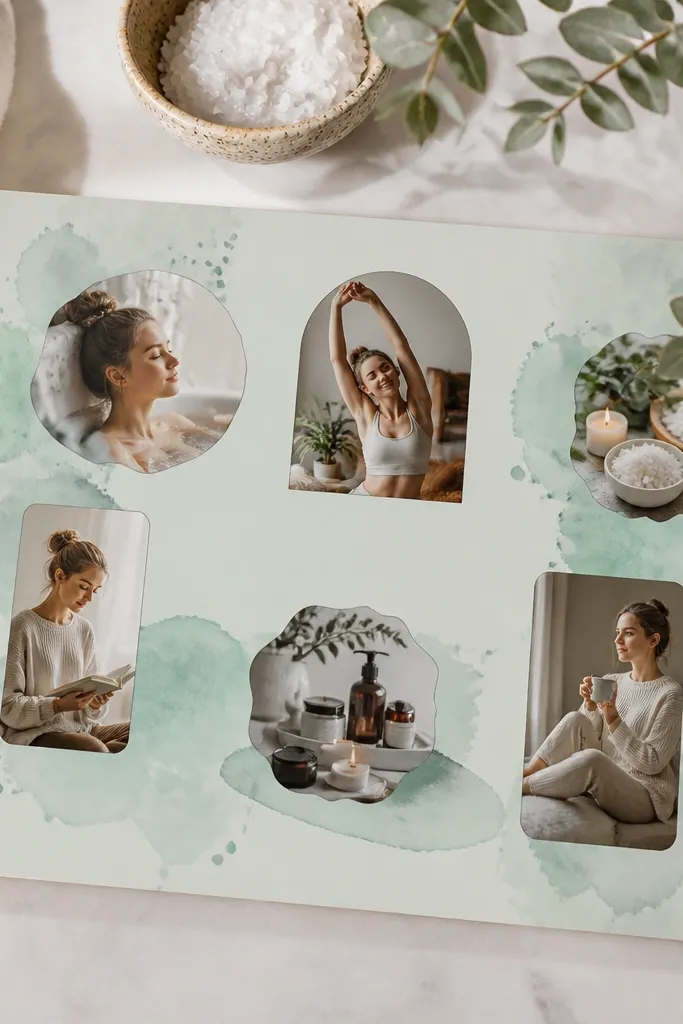Soft mint and cream board with watercolor splash accents and bath-time photos