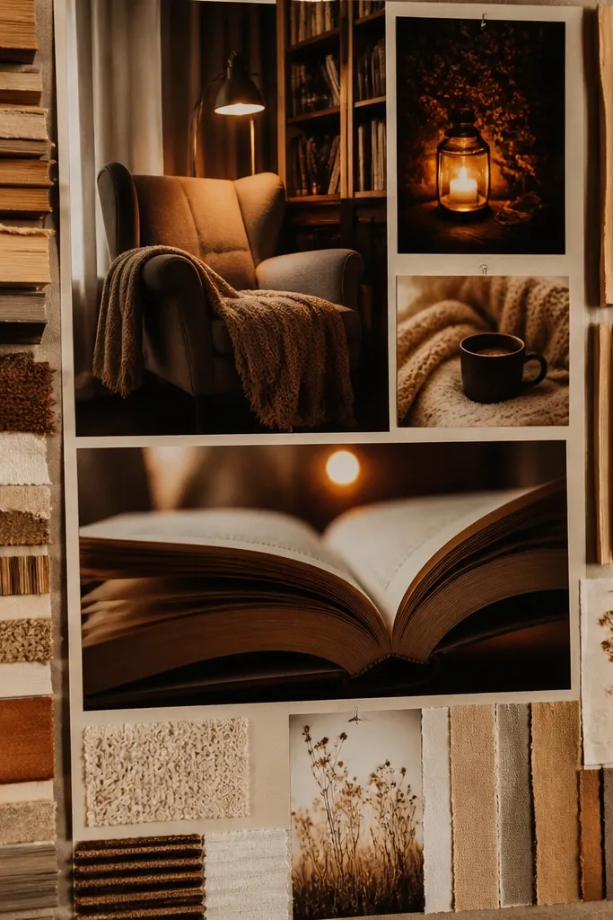Warm beige board with cut paper book spines, page-edge textures, and calm quotes