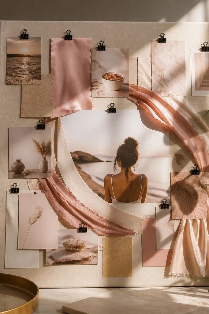 Oat background with flowing scarf arc cutouts and three movement photos arranged in a curve