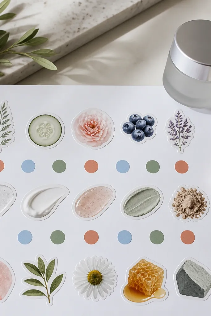 Cream board with small skincare squares, circular color dots, and neat sticker-style labels