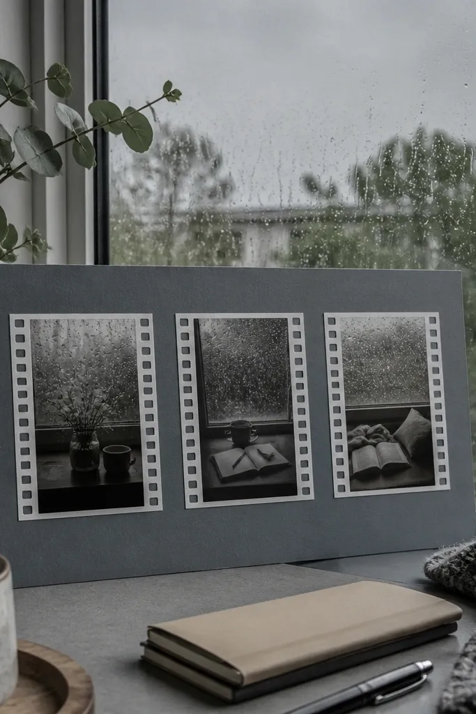 Muted gray-blue board with faux film strip frames and three rainy-window photos
