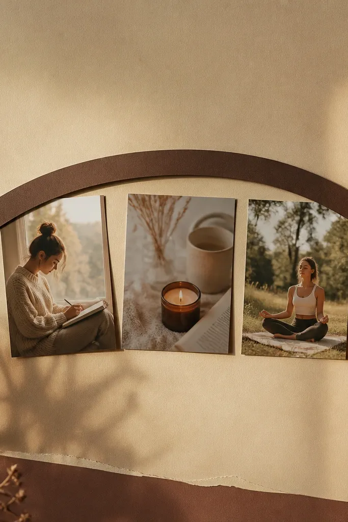 Oat board with a curved word path arch, three photos under the arch, and muted ink