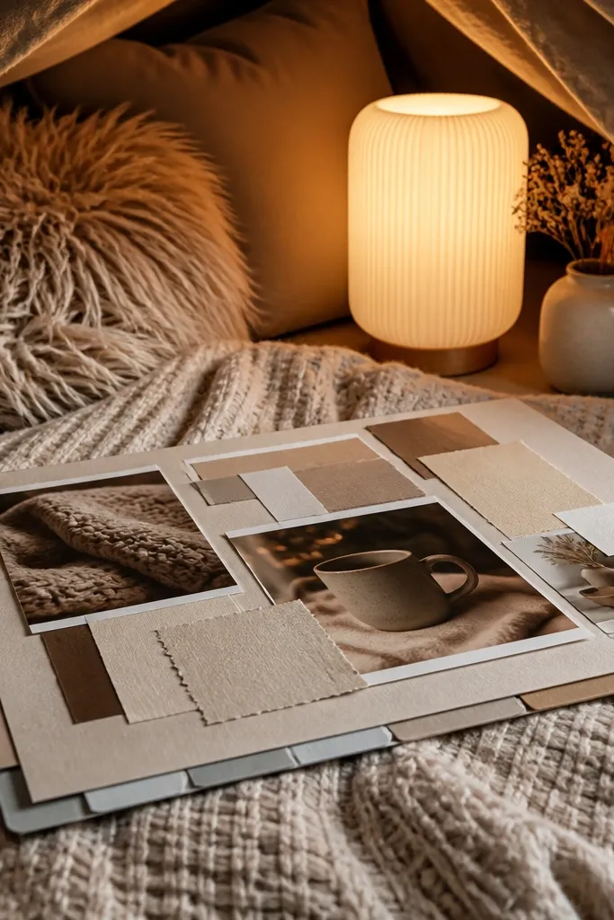 Cream board with layered paper corners, two blanket photos, and soft shadow accents