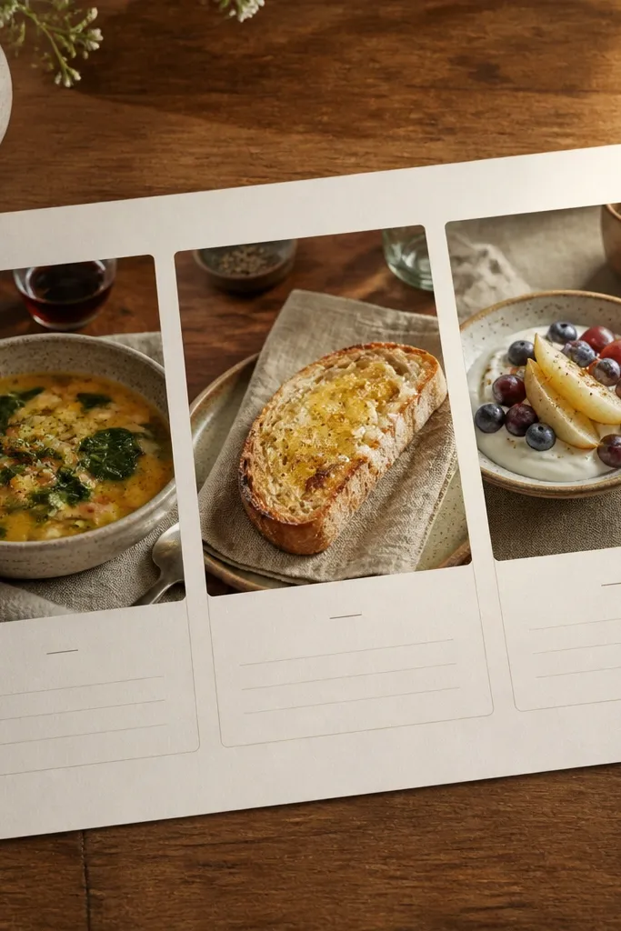 Warm tabletop-themed board with recipe cards, three food photos, and small herb line drawings