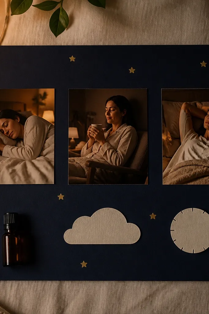 Deep navy board with tiny gold star dots, two sleep photos, and minimal moon icons
