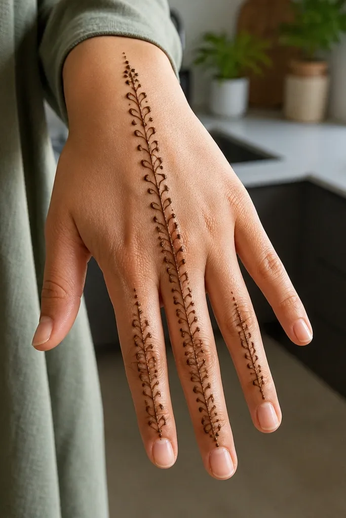 Thin vertical line from wrist to middle finger with small loops on two fingers