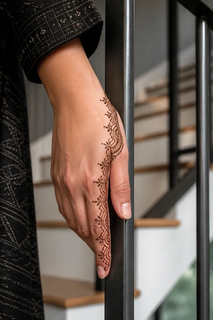 Thin band down the side of the hand with small corner arcs at intervals