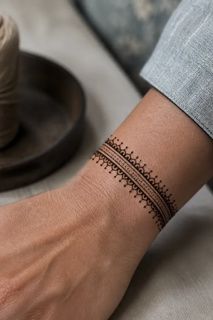 Three thin borders on outer wrist with small dots between layers