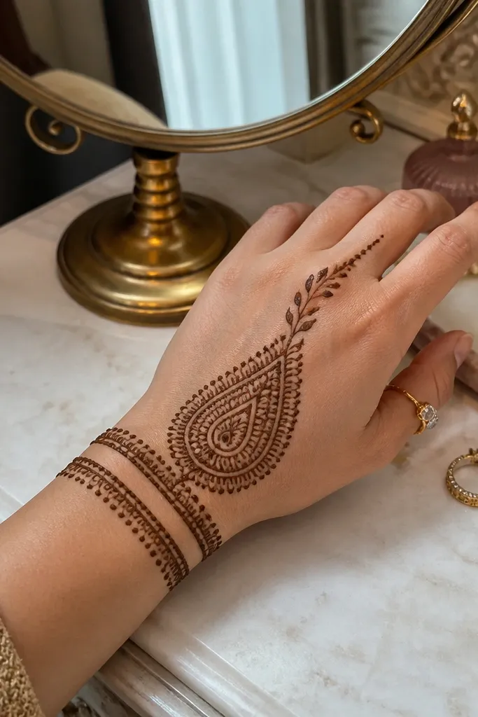 Back of hand covered with a teardrop center motif and two layered wrist cuffs