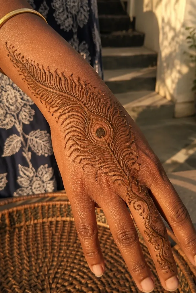 Back hand with a peacock fan motif radiating from the wrist toward knuckles