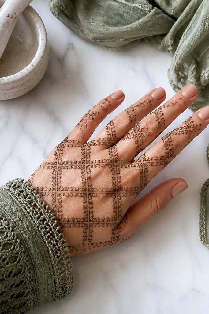 Back hand with lace-like grid lines and clear open windows between patterns