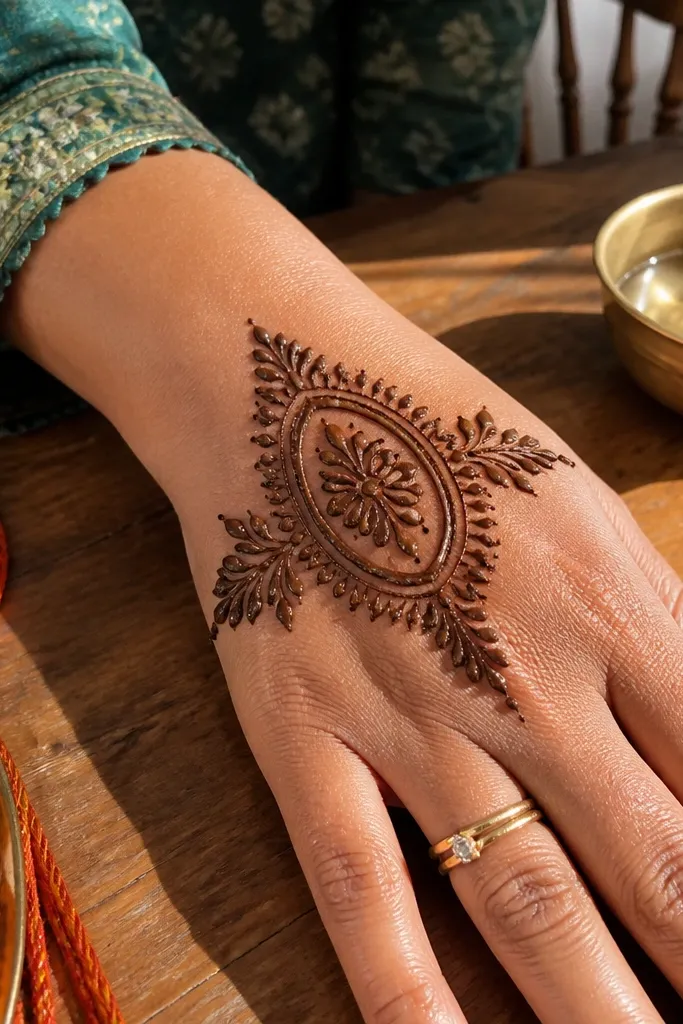 Back hand with an oval medallion center and small leaf sprigs on both sides