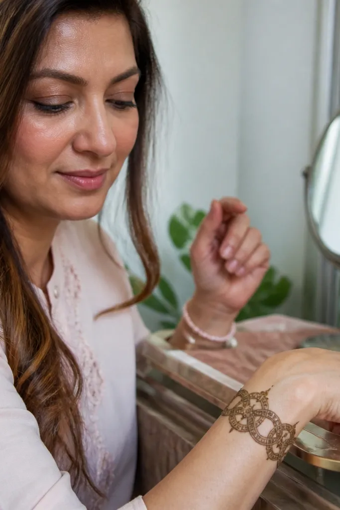 Back hand with a bracelet chain at wrist and micro flower dots above it